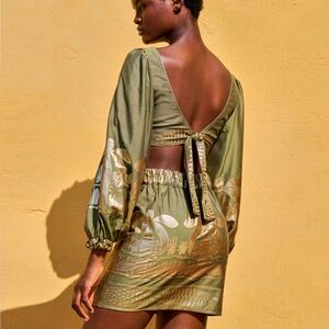 NWT Lace The Label Green Gold Palm Tree Jacquard Greek Resort Metallic Dress